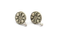 Silver Round Earring, 2 Antique Silver Plated Brass Moon Phases Shaped Round Stud Earrings With 1 Loop (17x13x1.5mm) N1908