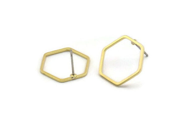 Hexagon Ring Earrings, 8 Raw Brass Hexagon Stud Earrings (16x0.80mm) Bs-1165 A3646