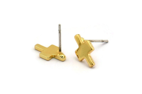 Gold T Earring, 6 Gold Plated Brass T Shape Stud Earrings (11x6x1mm) D951 A1243