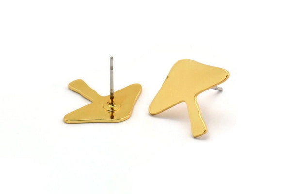 Gold Stud Earring, 6 Gold Plated Brass Mushroom Shaped Stud Earrings (15x18x0.60mm) A2947