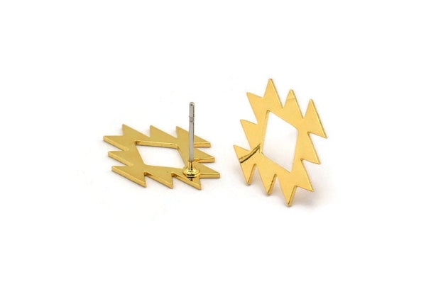 Earring Studs, 6 Gold Plated Brass - Ethnic Motif Shaped Stud Earrings - Gold Earrings - Earrings (17x13x0.60mm) A2985