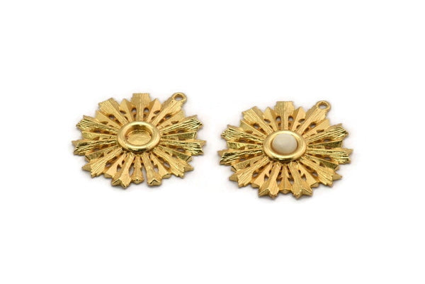 Gold Badge Charm, Gold Plated Brass Rosette Charm Pendant With 1 Loop, Earring (35x32mm) N0949