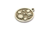 Silver Round Charm, 4 Antique Silver Plated Brass Round Charms With 1 Loop, Galaxy Findings, Universe Findings (19x17x1.5mm) N2395
