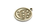 Silver Round Charm, 4 Antique Silver Plated Brass Crescent Moon And Star Charms With 1 Loop, Findings (19x17x1.4mm) N2326
