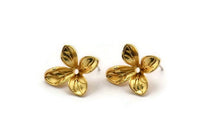 Gold Flower Earring, 2 Gold Plated Brass Flower Stud Earrings With 1 Loop (21x19mm) N1927