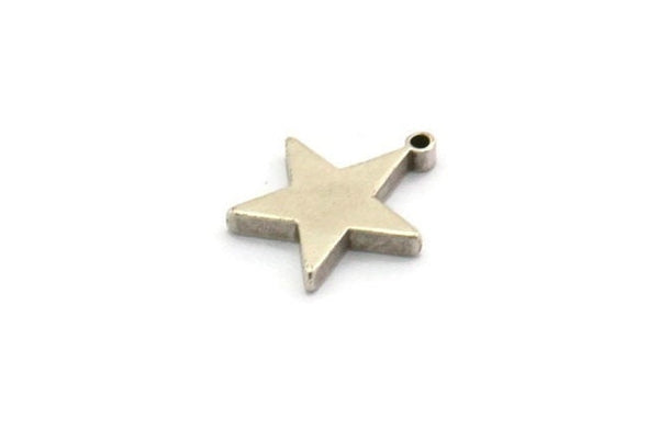 Silver Brass Star, 6 Antique Silver Plated Brass Flat Star Tags With 1 Loop (14x12.5mm) BS 1721