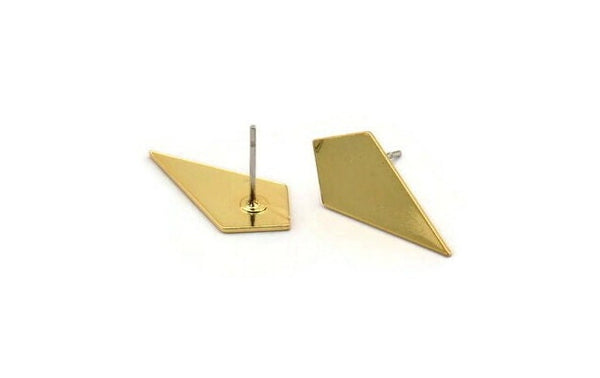 Gold Diamond Earring, 4 Gold Plated Brass Diamond Shaped Stud Earrings (21x10x0.60mm) A3046
