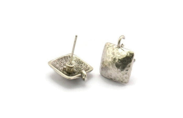Silver Earring Post, 4 Antique Silver Plated Brass Square Earring Posts With 1 Loop (15x16mm) E290