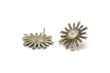 Silver Sun Earring, 2 Antique Silver Plated Brass Sunshine Stud Earrings with 6mm Stone pad, with 1 Loop (25mm) N0846