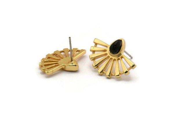 Gold Sun Earring, 2 Gold Plated Brass Drop Stud Earrings - Pad Size 6x4mm (22x16mm) N1116