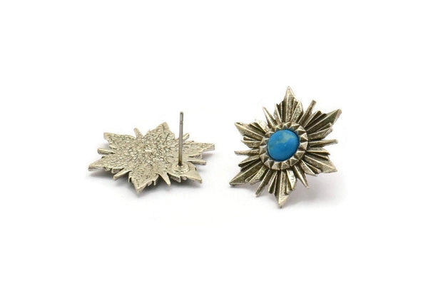 Silver Sun Earring, 2 Antique Silver Plated Brass Sunshine Stud Earrings With 6mm Stone Pad (24x21mm) N0858