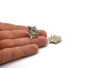 Silver Sun Earring, 2 Antique Silver Plated Brass Sunshine Stud Earrings With 6mm Stone Pad (24x21mm) N0858