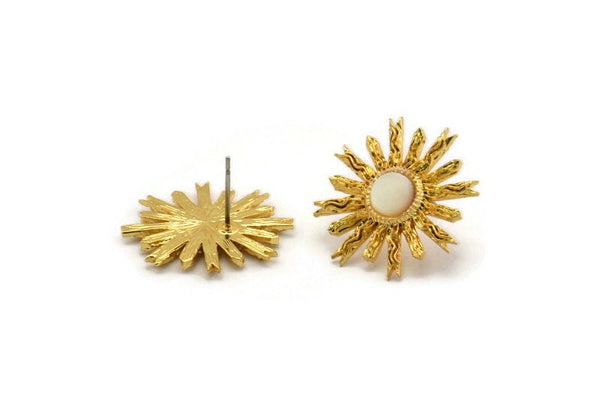 Gold Sun Earring, 2 Gold Plated Brass Sunshine Stud Earrings with 6mm Stone pad (23mm) N0859