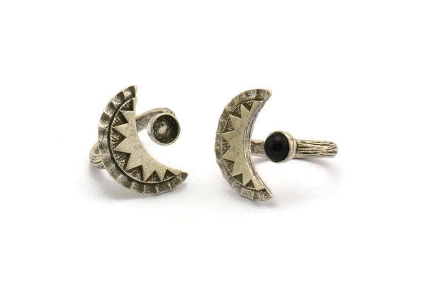 Silver Ring Setting, Antique Silver Plated Brass Moon And Planet Ring With 1 Stone Setting - Pad Size 5mm N1276