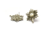 Silver Sun Earring, 2 Antique Silver Plated Brass Sunshine Stud Earrings with 6mm Stone pad, with 1 Loop (29x22mm) N0857