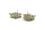 Silver Sun Earring, 2 Antique Silver Plated Brass Sunshine Stud Earrings with 6mm Stone pad, with 1 Loop (29x22mm) N0857