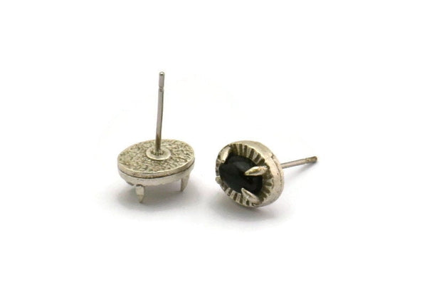 Silver Claw Earring, 4 Antique Silver Plated Brass 4 Claw Stud Earrings - Stone Setting - Pad Size 6x4mm N1294