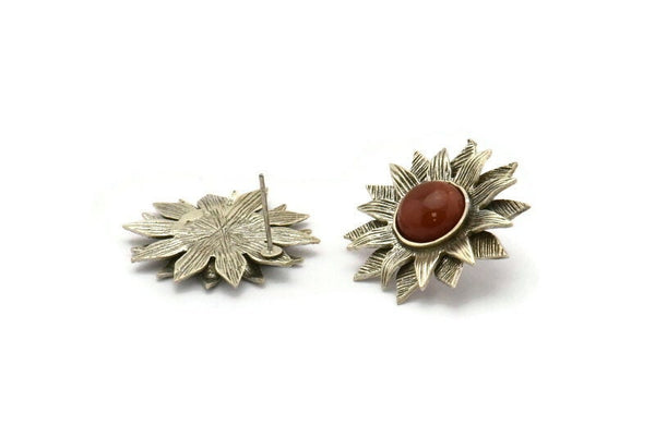 Silver Sunflower Earring, 2 Antique Silver Plated Brass Flower Stud Earrings - Pad Size 10mm N0702