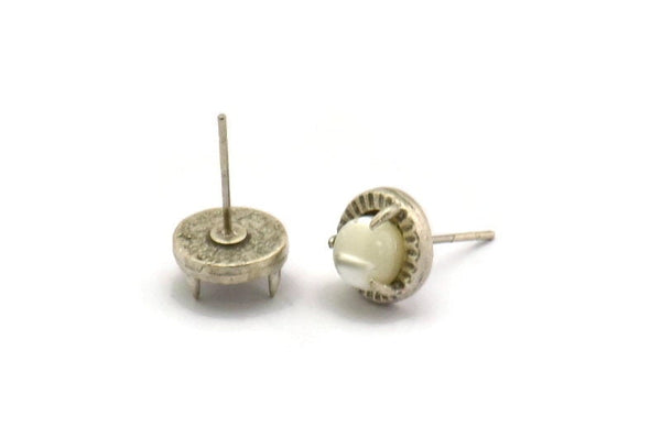 Silver Claw Earring, 4 Antique Silver Plated Brass 3 Claw Stud Earrings - Stone Setting - Pad Size 6mm N1319