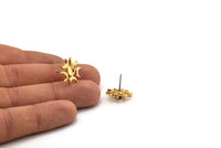 Gold Moon Earring, 2 Gold Plated Brass Crescent Moon Stud Earrings - Pad Size 4mm (15mm) N1325