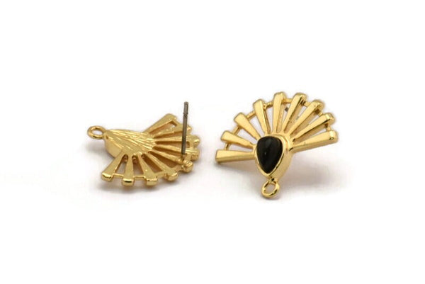 Gold Sun Earring, 2 Gold Plated Brass Drop Stud Earrings With 1 Loop - Pad Size 6x4mm (22x19mm) N1113