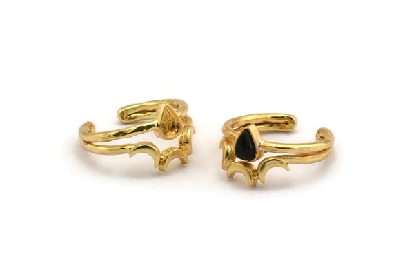 Gold Moon Ring, Gold Plated Brass Drop Ring With 1 Stone Settings - Pad Size 5x4mm N1277