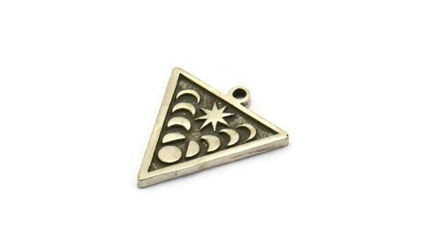 Silver Triangle Charm, 4 Antique Silver Plated Brass Triangle Charms With 1 Loop, Moon Phases Findings, Star Findings (20x18x1.4mm) N2351