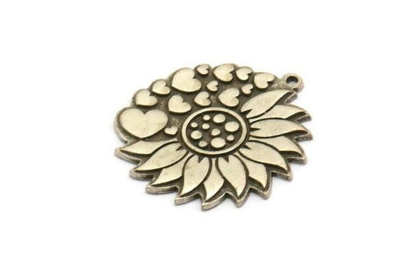 Silver Flower Charm, Antique Silver Plated Brass Flower And Hearts Charm With 1 Loop, Findings (29.5x27x1.5mm) N2257