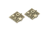 Silver Square Charm, Antique Silver Plated Brass Sun And Palm Tree Charm With 1 Loop, Sea Charms, Boat Charms, Findings (26x26x1.5mm) N2231