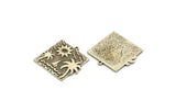 Silver Square Charm, Antique Silver Plated Brass Sun And Palm Tree Charm With 1 Loop, Sea Charms, Boat Charms, Findings (26x26x1.5mm) N2231
