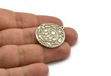 Silver Round Charm, Antique Silver Plated Brass Round Charm With 1 Loop, Eye Findings, Teardrop Findings (30x27.5x1.5mm) N2201