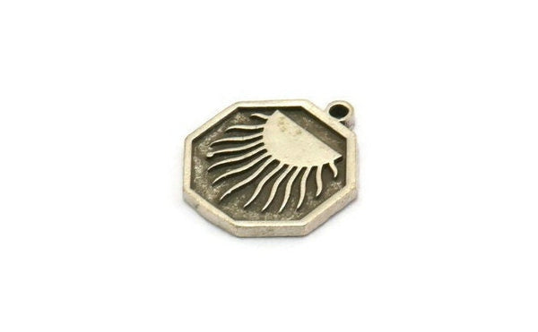 Silver Octagon Charm, 4 Antique Silver Plated Brass Octagon Charms With 1 Loop, Sun Rising Findings, Sunshine Findings (19x16x1.4mm) N2373