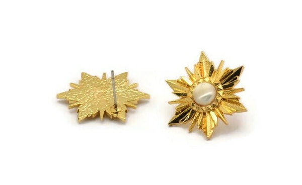 Gold Sun Earring, 2 Gold Plated Brass Sunshine Stud Earrings With 6mm Stone Pad (24x21mm) N0858