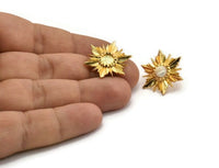 Gold Sun Earring, 2 Gold Plated Brass Sunshine Stud Earrings With 6mm Stone Pad (24x21mm) N0858