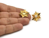 Gold Sun Earring, 2 Gold Plated Brass Sunshine Stud Earrings With 6mm Stone Pad (24x21mm) N0858
