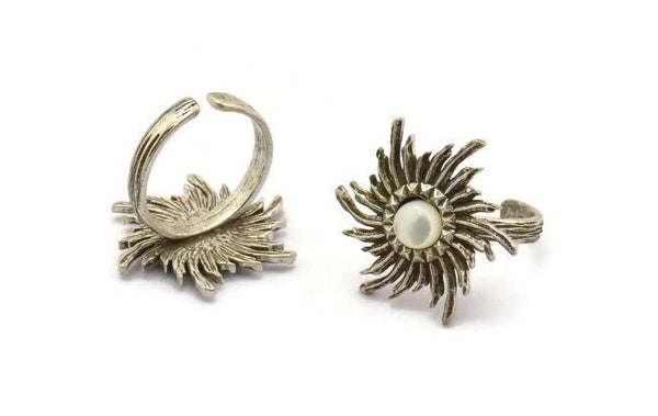 Silver Ring Setting, Antique Silver Plated Brass Sun Ring With 1 Stone Setting - Pad Size 6mm N0842