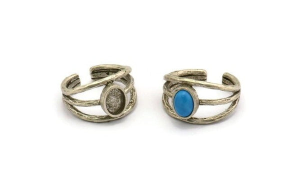 Silver Ring Setting, Antique Silver Plated Brass Adjustable Ring With 1 Stone Setting - Pad Size 8x6mm N1264