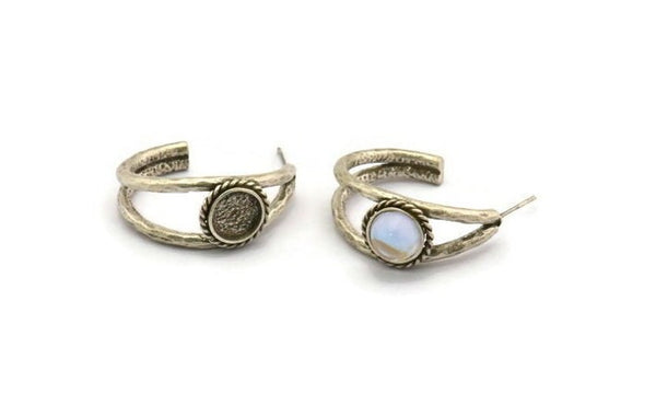 Silver Earring Post, 2 Antique Silver Plated Brass Textured Earrings, Pad Size - 8mm N0952