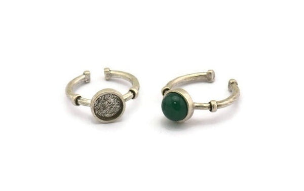 Silver Ring Settings, 2 Antique Silver Plated Brass Round Ring With 1 Stone Setting - Pad Size 8mm N1564