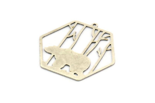 Silver Hexagon Charm, 2 Antique Silver Plated Brass Bear Patterned Hexagon Shaped Charms With 1 Loop, Geometric Charms (37x39x0.60mm) A5012
