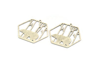 Silver Hexagon Charm, 2 Antique Silver Plated Brass Bear Patterned Hexagon Shaped Charms With 1 Loop, Geometric Charms (37x39x0.60mm) A5012