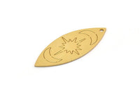 Gold Marquise Charm, 2 Gold Plated Brass Pole Star And Crescent Moon Pattarned Marquise Shaped Charms With 1 Hole (39x15x0.80mm) A5547
