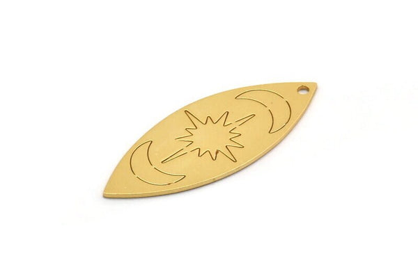 Gold Marquise Charm, 2 Gold Plated Brass Pole Star And Crescent Moon Pattarned Marquise Shaped Charms With 1 Hole (39x15x0.80mm) A5547