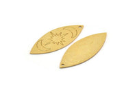 Gold Marquise Charm, 2 Gold Plated Brass Pole Star And Crescent Moon Pattarned Marquise Shaped Charms With 1 Hole (39x15x0.80mm) A5547