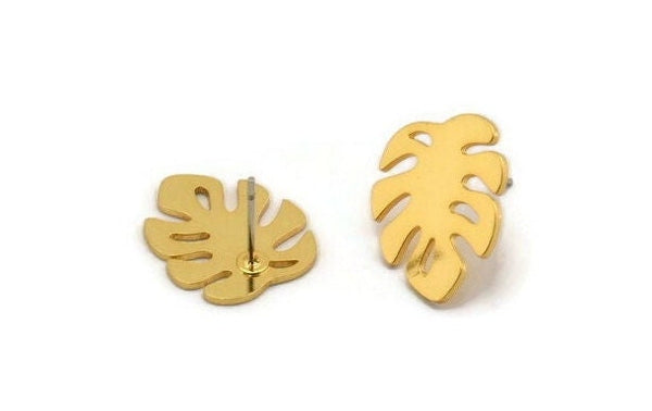 Gold Leaf Earring, 4 Gold Plated Brass Monstera Leaves Shaped Stud Earrings (18x15x0.80mm) A2766 H0159