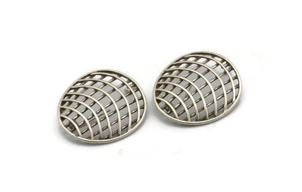 Silver Filter Earring, 2 Antique Silver Plated Brass Filter Stud Earrings With 1 Loop (24x22mm) N1205