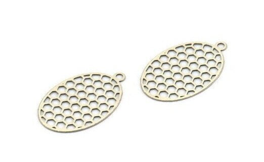 Silver Oval Pendant, 8 Antiaue Silver Plated Brass Oval Honeycomb Pendants with 1 Loop, Necklace Findings (22x14mm) E025