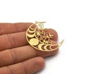 Brass Moon Charm, Raw Brass Flowers And Crescent Moon Charm With 1 Loop, Moon Phases Charms, Findings (46x37x0.60mm) SMP0210