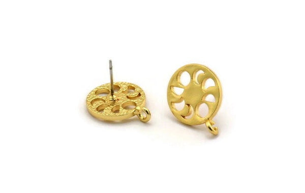 Earring Studs, 2 Gold Plated - Moon Phases Stud Earrings - Gold Plated Brass Moon Earrings With 1 Loop - Earrings (14x1.5mm) N1812