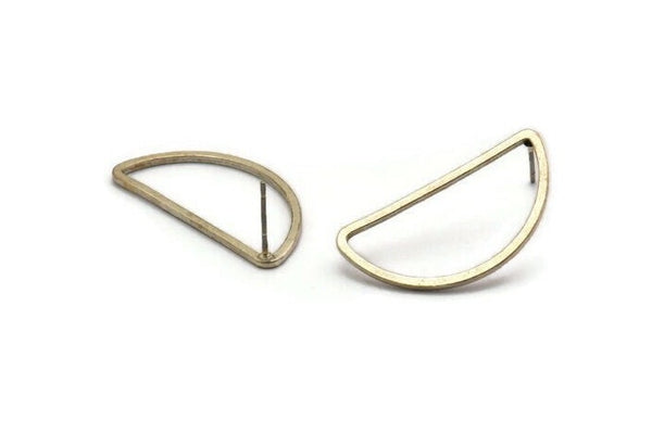 Silver Asymmetric Earring, 4 Antique Silver Plated Brass Asymmetric Half Moon Earring Posts, Pendants, Findings (30x15x1.2mm) E343